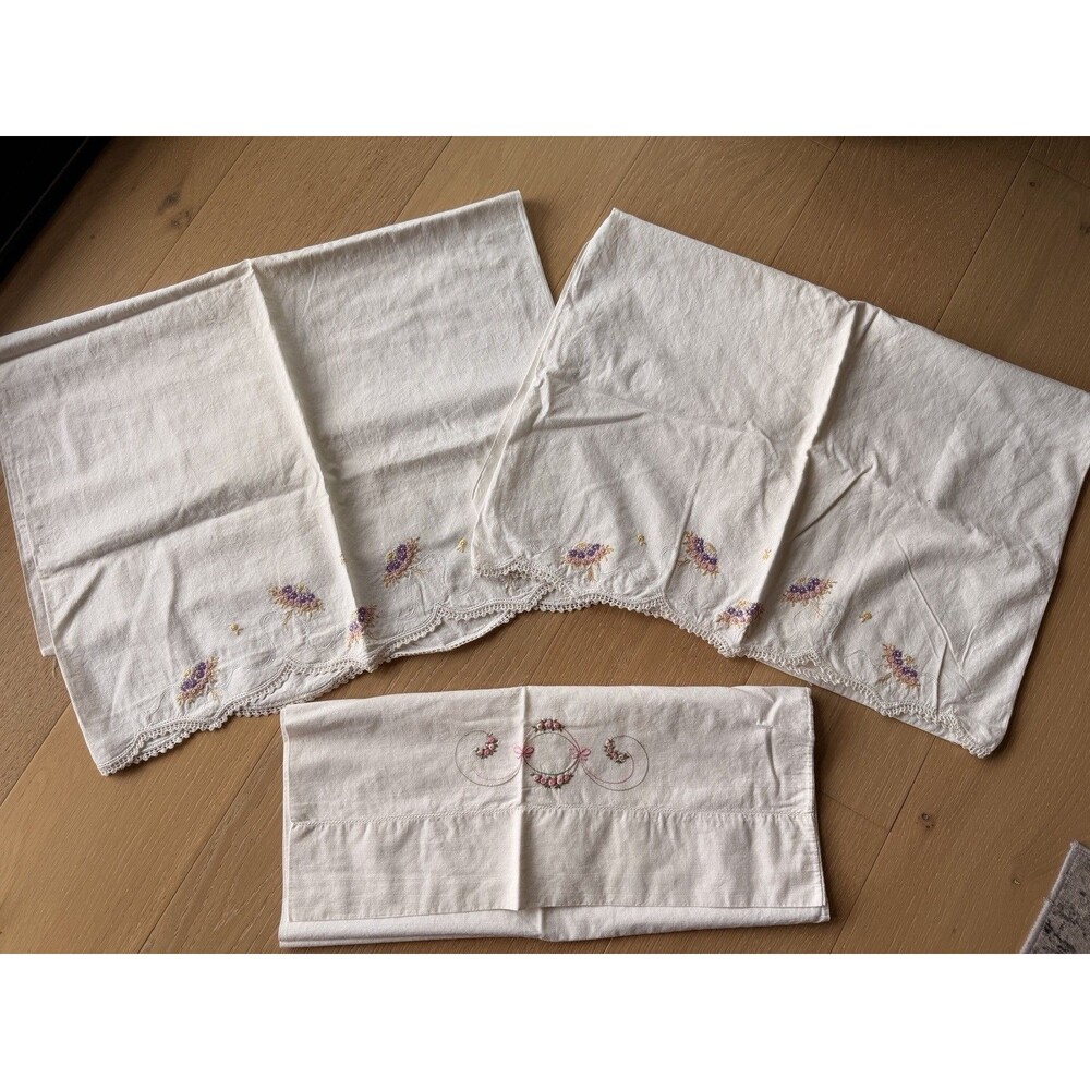 Vintage Handmade Embroidered Standard Pillowcases Lot 3 Floral ￼